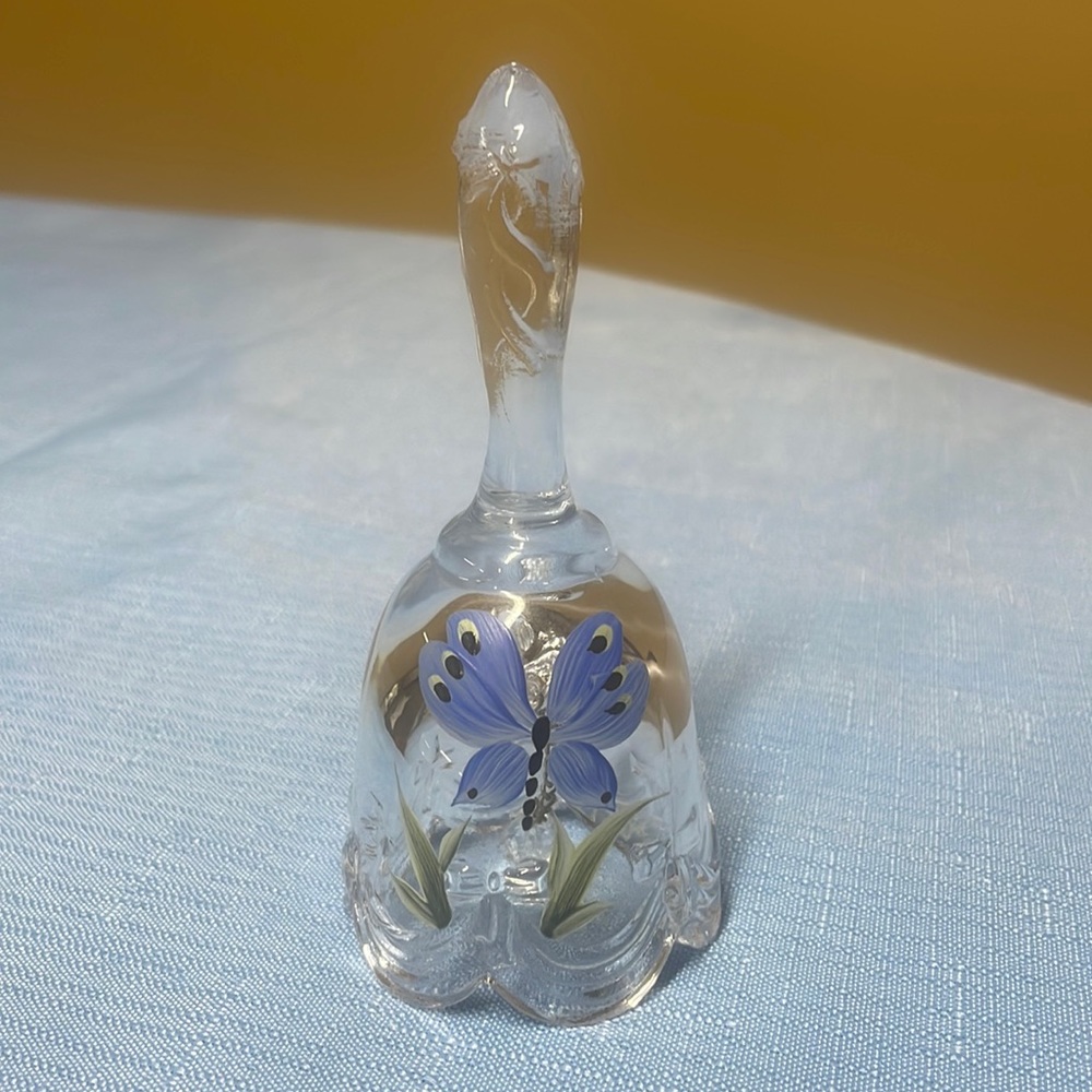 Fenton Painted Clear Glass Miniature Mini Bell w/ Blue Butterfly Design